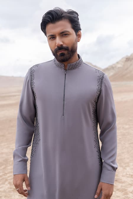 Buy_Amit Arora_Gray Knit Beads Embelllished Kurta With Pant _Online_at_Aza_Fashions