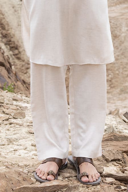 Amit Arora_Beige Linen, Silk Embroidery Paisley Motif Detailed Kurta With Pant _Online_at_Aza_Fashions