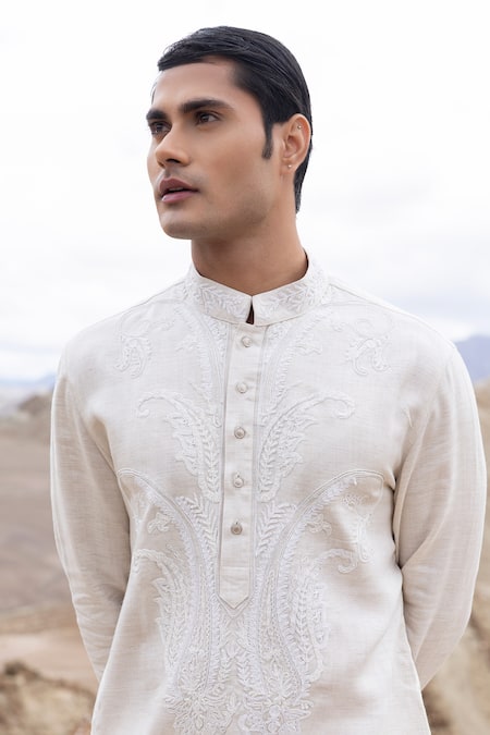 Buy_Amit Arora_Beige Linen, Silk Embroidery Paisley Motif Detailed Kurta With Pant _Online_at_Aza_Fashions