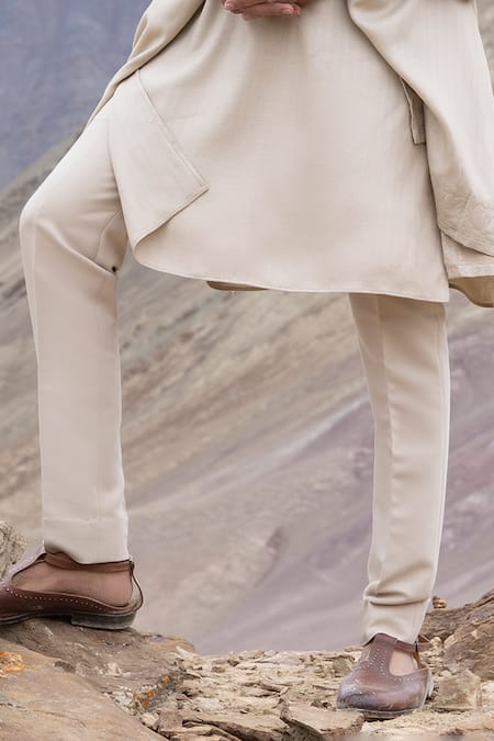 Amit Arora_Beige Linen, Silk Embroidery Straight Kurta Set With Aari Stole _Online_at_Aza_Fashions