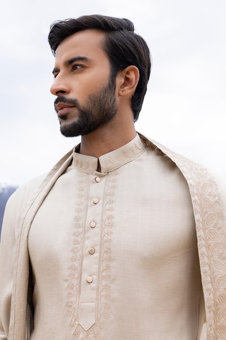 Buy_Amit Arora_Beige Linen, Silk Embroidery Straight Kurta Set With Aari Stole _Online_at_Aza_Fashions