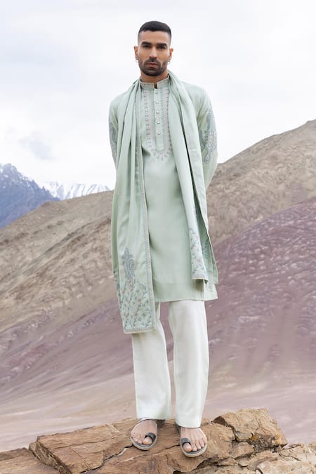 Amit Arora Mint Linen, Silk Embroidery Aari Kurta With Pant Online at Aza Fashions Amit Arora_Mint Linen, Silk Embroidery Aari Kurta With Pant _Online_at_Aza_Fashions