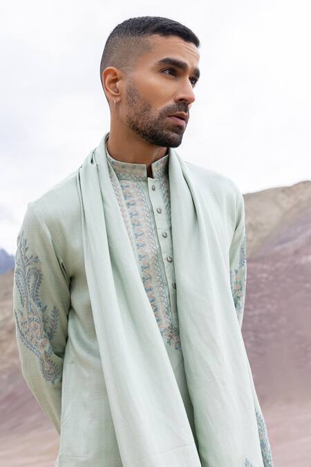Shop Amit Arora Mint Linen, Silk Embroidery Aari Kurta With Pant Online at Aza Fashions Shop_Amit Arora_Mint Linen, Silk Embroidery Aari Kurta With Pant _Online_at_Aza_Fashions