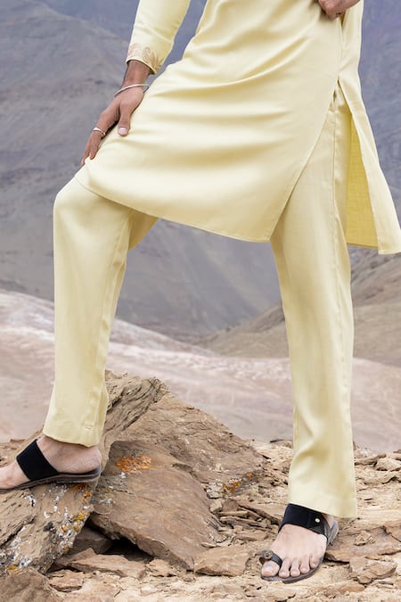 Amit Arora_Yellow Linen, Silk Embroidery Lime Straight Kurta And Pant Set _Online_at_Aza_Fashions
