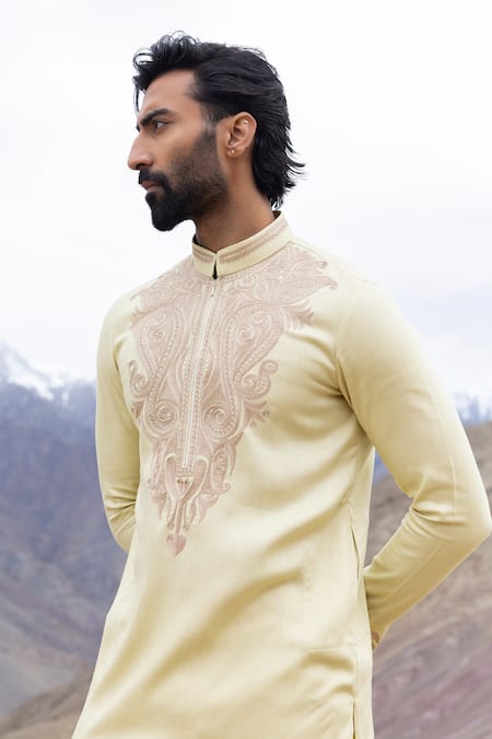 Buy_Amit Arora_Yellow Linen, Silk Embroidery Lime Straight Kurta And Pant Set _Online_at_Aza_Fashions