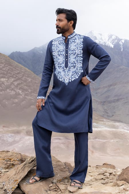 Amit Arora Blue Linen, Silk Embroidery Aari Kurta And Pant Set 