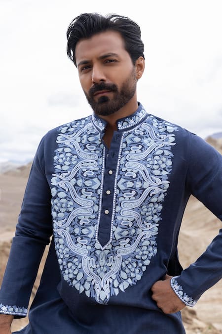 Shop_Amit Arora_Blue Linen, Silk Embroidery Aari Kurta And Pant Set _Online_at_Aza_Fashions