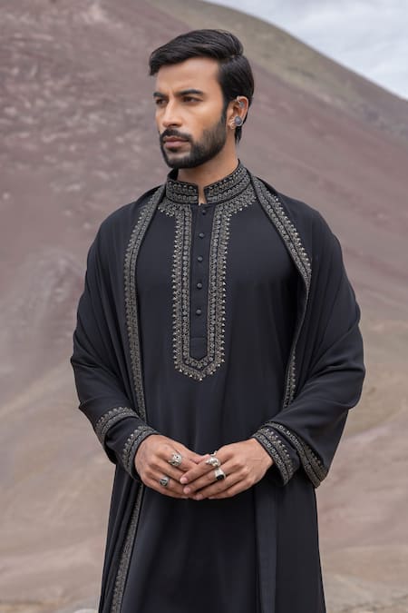 Buy_Amit Arora_Black Knit Embroidery Straight Kurta With Pant _Online_at_Aza_Fashions