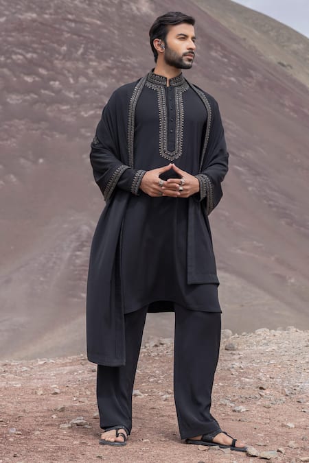 Amit Arora Black Knit Embroidery Straight Kurta With Pant