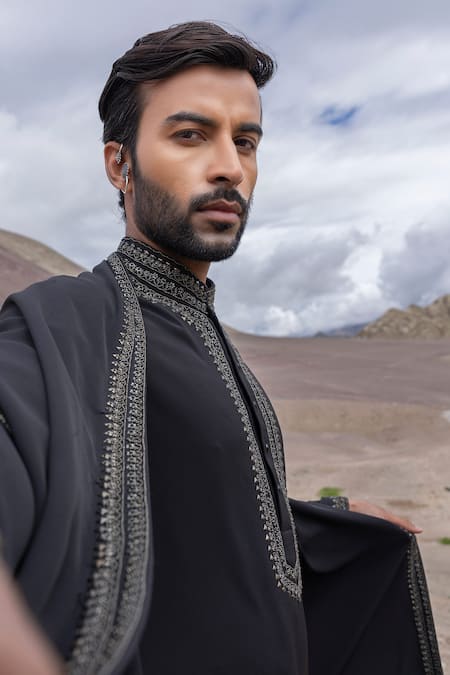 Amit Arora_Black Knit Embroidery Straight Kurta With Pant _at_Aza_Fashions