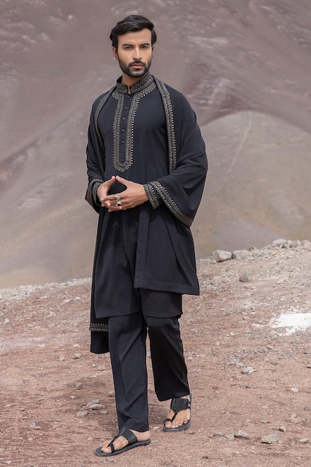 Buy_Amit Arora_Black Knit Embroidery Straight Kurta With Pant 
