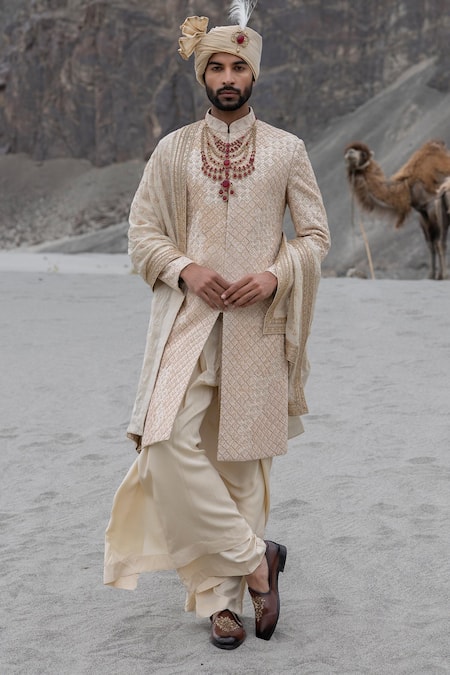 Amit Arora Beige Silk, Georgette, Twill, Modal Embroidery Hand Sherwani Set 
