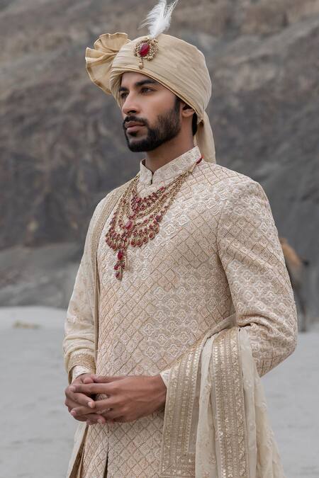 Amit Arora_Beige Silk, Georgette, Twill, Modal Embroidery Hand Sherwani Set _Online_at_Aza_Fashions