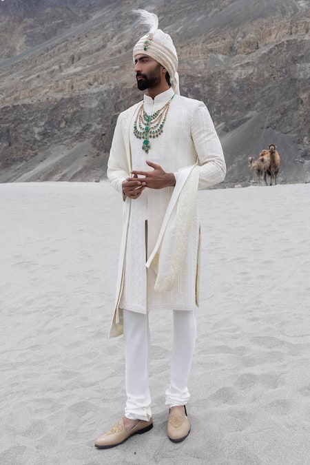 Amit Arora Cream Silk, Organza, Twill, Modal Embroidery Hand Sherwani Set With Stole