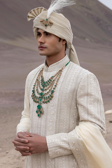Buy_Amit Arora_Cream Silk, Organza, Twill, Modal Embroidery Hand Sherwani Set With Stole _Online_at_Aza_Fashions