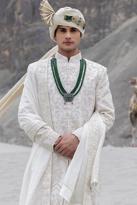 Amit Arora_Ivory Silk, Organza, Twill, Modal Embroidery Hand Sherwani Kurta Set _Online_at_Aza_Fashions