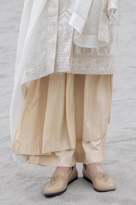 Buy_Amit Arora_Ivory Silk, Organza, Twill, Modal Embroidery Hand Sherwani Kurta Set _Online_at_Aza_Fashions