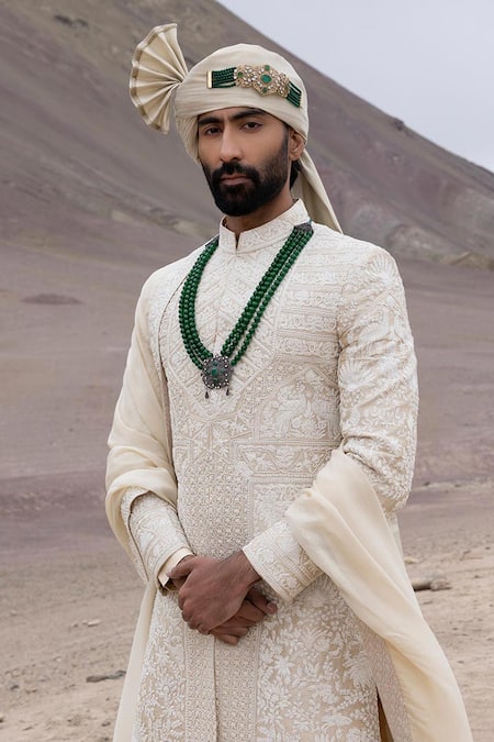Amit Arora_Beige Silk, Organza, Twill, Modal Embroidery Sherwani Kurta Set _Online_at_Aza_Fashions