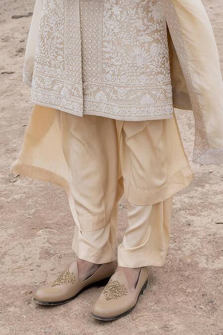 Buy_Amit Arora_Beige Silk, Organza, Twill, Modal Embroidery Sherwani Kurta Set _Online_at_Aza_Fashions