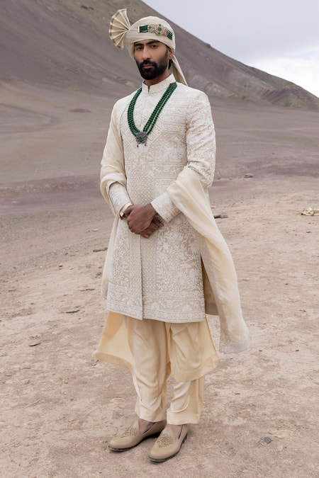 Amit Arora Beige Silk, Organza, Twill, Modal Embroidery Sherwani Kurta Set