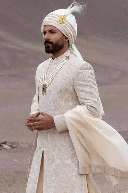Amit Arora_Peach Silk, Organza, Twill, Modal Embroidery Sherwani Set With Stole _Online_at_Aza_Fashions
