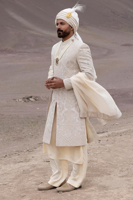 Amit Arora Peach Silk, Organza, Twill, Modal Embroidery Sherwani Set With Stole