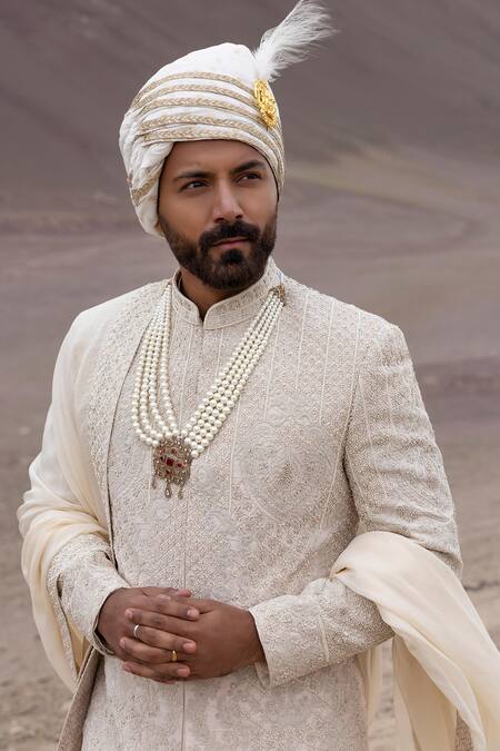 Buy_Amit Arora_Peach Silk, Organza, Twill, Modal Embroidery Sherwani Set With Stole _Online_at_Aza_Fashions