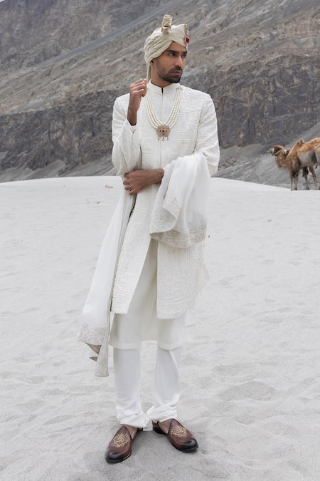 Amit Arora Cream Silk, Organza, Twill, Modal Embroidery Hand Sherwani Set With Stole