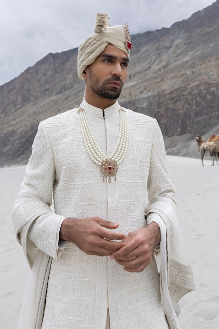 Buy_Amit Arora_Cream Silk, Organza, Twill, Modal Embroidery Hand Sherwani Set With Stole _Online_at_Aza_Fashions