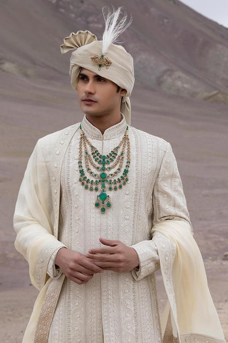 Amit Arora_Gold Silk, Organza, Twill, Modal Embroidery Hand Sherwani Set _Online_at_Aza_Fashions