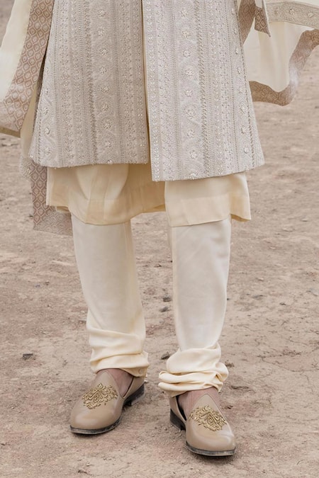 Buy_Amit Arora_Gold Silk, Organza, Twill, Modal Embroidery Hand Sherwani Set _Online_at_Aza_Fashions
