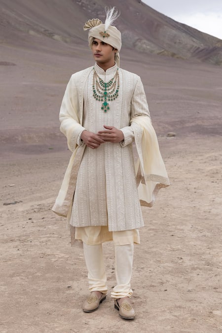 Shop_Amit Arora_Gold Silk, Organza, Twill, Modal Embroidery Hand Sherwani Set _Online_at_Aza_Fashions