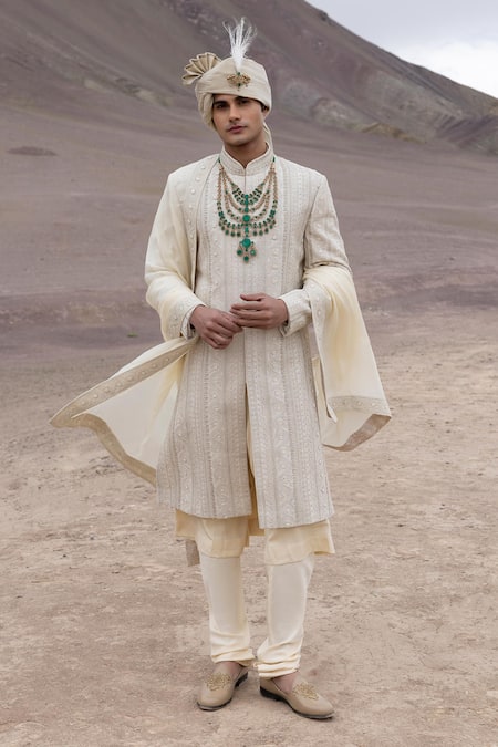 Amit Arora Gold Silk, Organza, Twill, Modal Embroidery Hand Sherwani Set