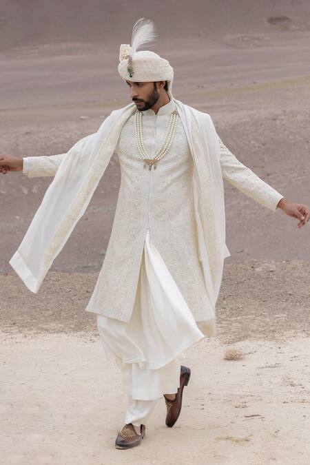 Buy_Amit Arora_Cream Polyester, Organza, Twill, Modal Textured Sherwani Set With Stole _Online_at_Aza_Fashions