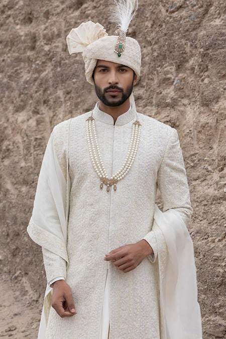 Shop_Amit Arora_Cream Polyester, Organza, Twill, Modal Textured Sherwani Set With Stole _Online_at_Aza_Fashions