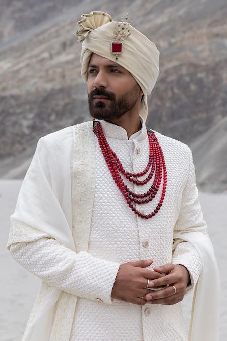 Buy_Amit Arora_Ivory Polyester, Crepe, Organza, Twill, Modal Embroidery Sherwani Set With Stole _Online_at_Aza_Fashions