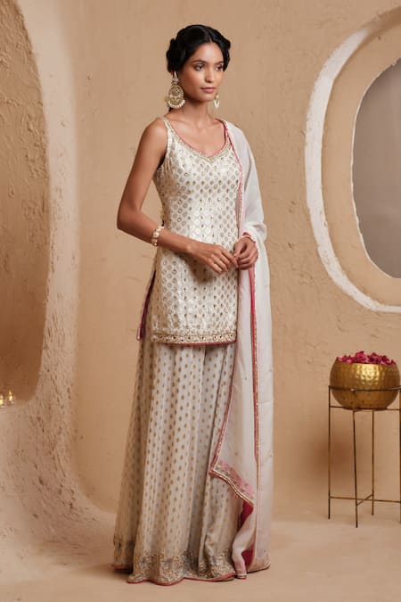 Shop_Muditaa By Urmila_Ivory Chanderi, Georgette, Organza Zari, Embroidery, Suvarna Kurta Sharara Set_Online_at_Aza_Fashions