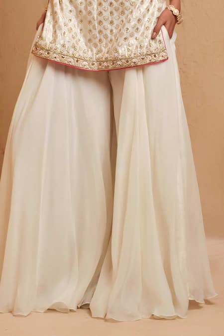 Buy_Muditaa By Urmila_Ivory Chanderi, Organza Embroidery, Zari, Beads V-neck Pavani Kurta Sharara Set _Online_at_Aza_Fashions