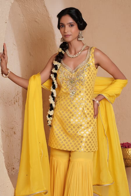 Muditaa By Urmila_Mustard Chanderi, Brocade, Georgette, Organza Tejasvi Woven Kurta Gharara Set _Online_at_Aza_Fashions