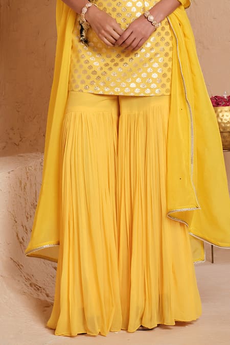 Buy_Muditaa By Urmila_Mustard Chanderi, Brocade, Georgette, Organza Tejasvi Woven Kurta Gharara Set _Online_at_Aza_Fashions