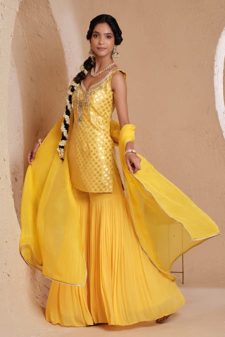 Shop_Muditaa By Urmila_Mustard Chanderi, Brocade, Georgette, Organza Tejasvi Woven Kurta Gharara Set _Online_at_Aza_Fashions