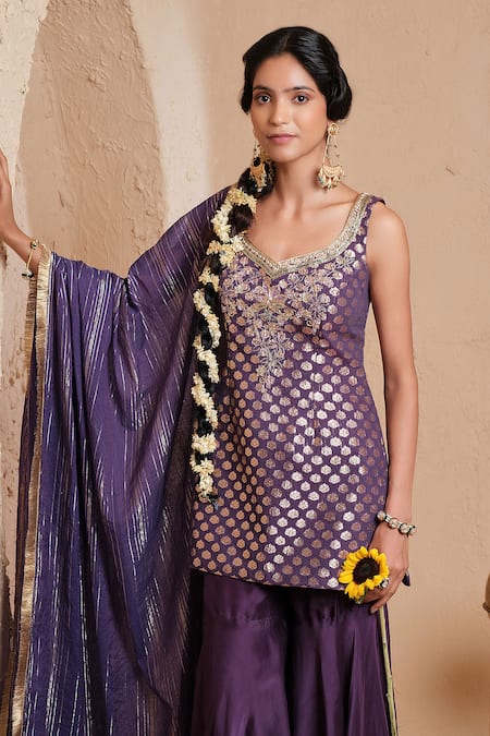 Buy_Muditaa By Urmila_Purple Chanderi, Brocade, Organza Vanya Floral Woven Kurta Gharara Set _Online_at_Aza_Fashions