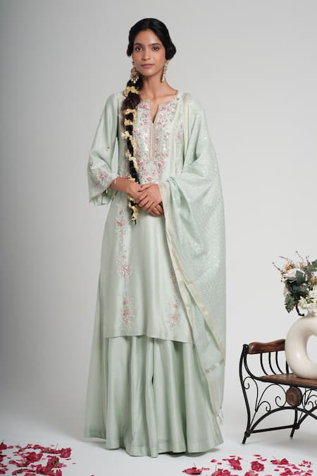 Muditaa By Urmila Green Chanderi Silk Embroidery, Sequins Split V-neck Tarini Kurta Set 