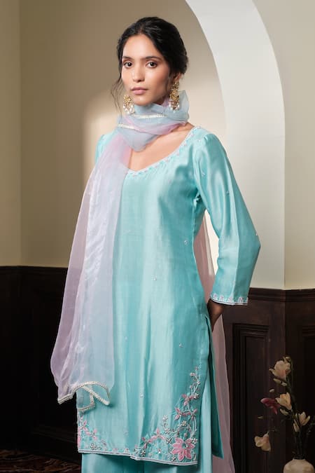 Muditaa By Urmila_Sky Blue Chanderi Silk, Organza Embroidery, Beads Varunini Hand Kurta Pant Set _Online_at_Aza_Fashions