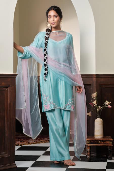 Muditaa By Urmila Sky Blue Chanderi Silk, Organza Embroidery, Beads Varunini Hand Kurta Pant Set 