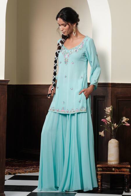 Muditaa By Urmila_Aqua Georgette, Chiffon Embroidery, Zari Meerika Florall Kurta Sharara Set _Online_at_Aza_Fashions