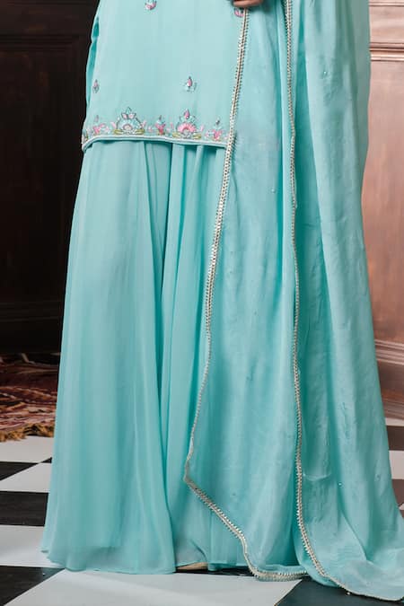Buy_Muditaa By Urmila_Aqua Georgette, Chiffon Embroidery, Zari Meerika Florall Kurta Sharara Set _Online_at_Aza_Fashions