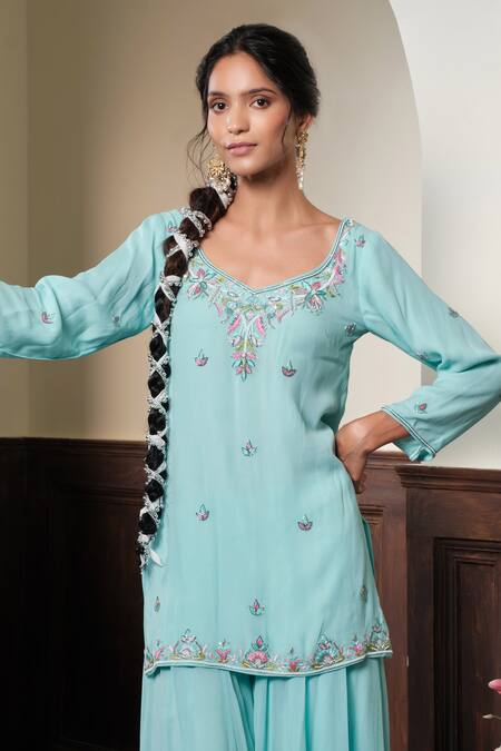 Shop_Muditaa By Urmila_Aqua Georgette, Chiffon Embroidery, Zari Meerika Florall Kurta Sharara Set _Online_at_Aza_Fashions