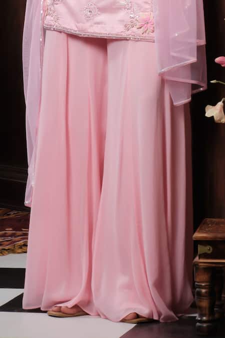 Muditaa By Urmila_Blush Dupion, Georgette, Net Embroidery, Rohi Placement Kurta Sharara Set _Online_at_Aza_Fashions