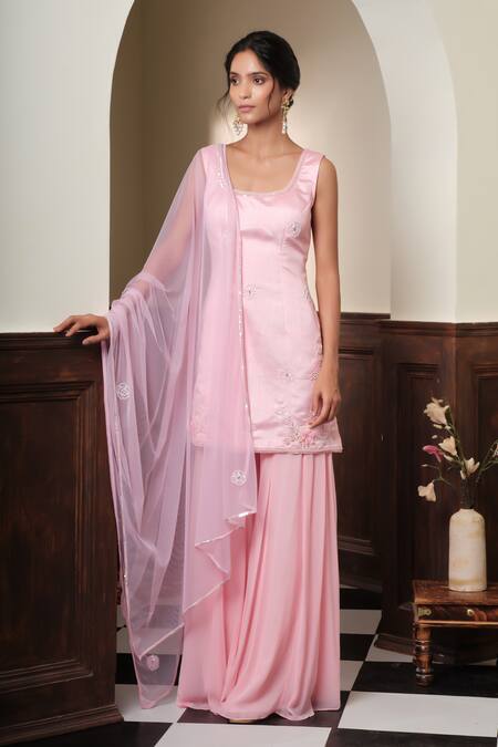 Buy_Muditaa By Urmila_Blush Dupion, Georgette, Net Embroidery, Rohi Placement Kurta Sharara Set _Online_at_Aza_Fashions